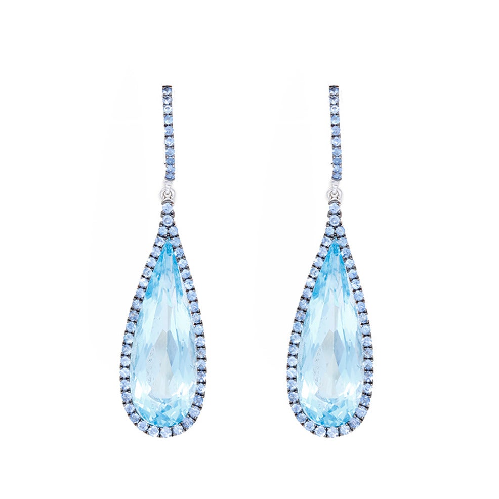 Beautiful Blue Topaz Blue Sapphire Gold Long Dangle Earrings