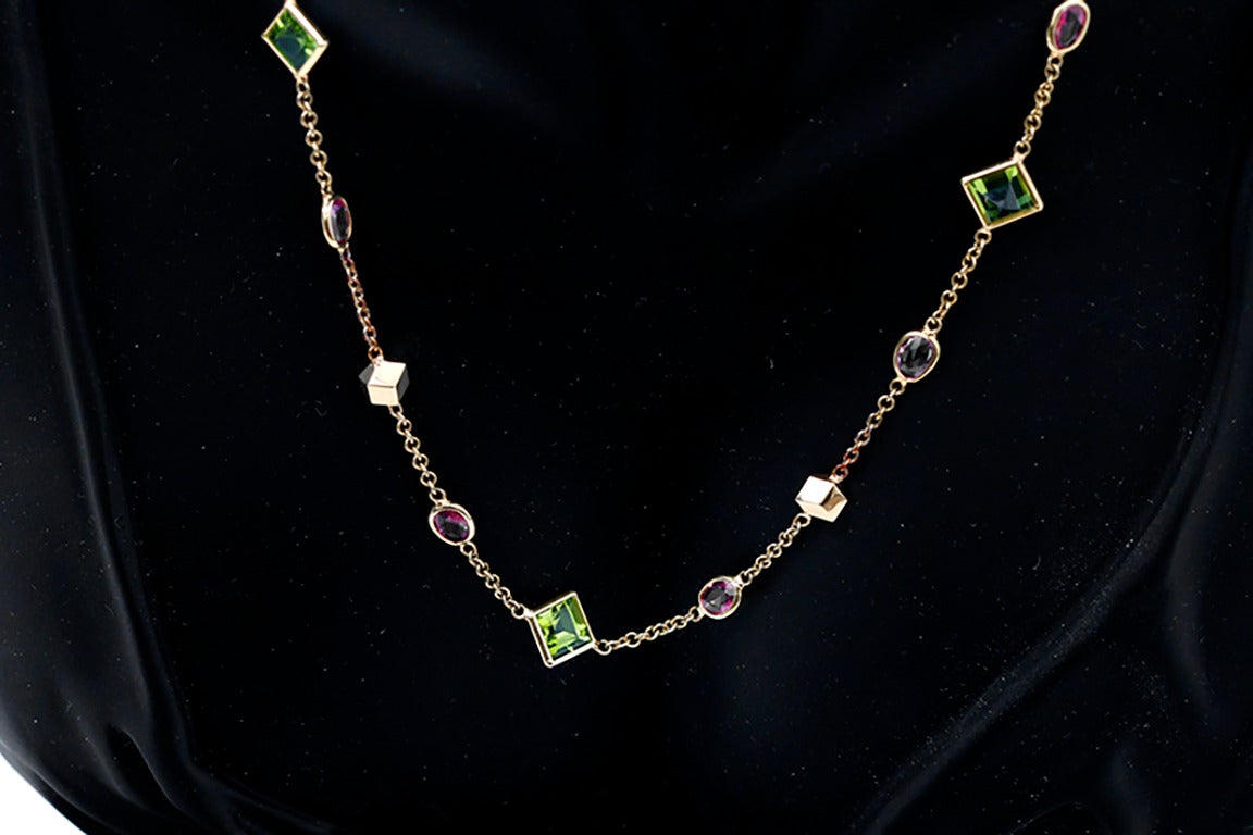Paolo Costagli Peridot Pink Sapphire Gold Florentine Necklace In New Condition In Dallas, TX