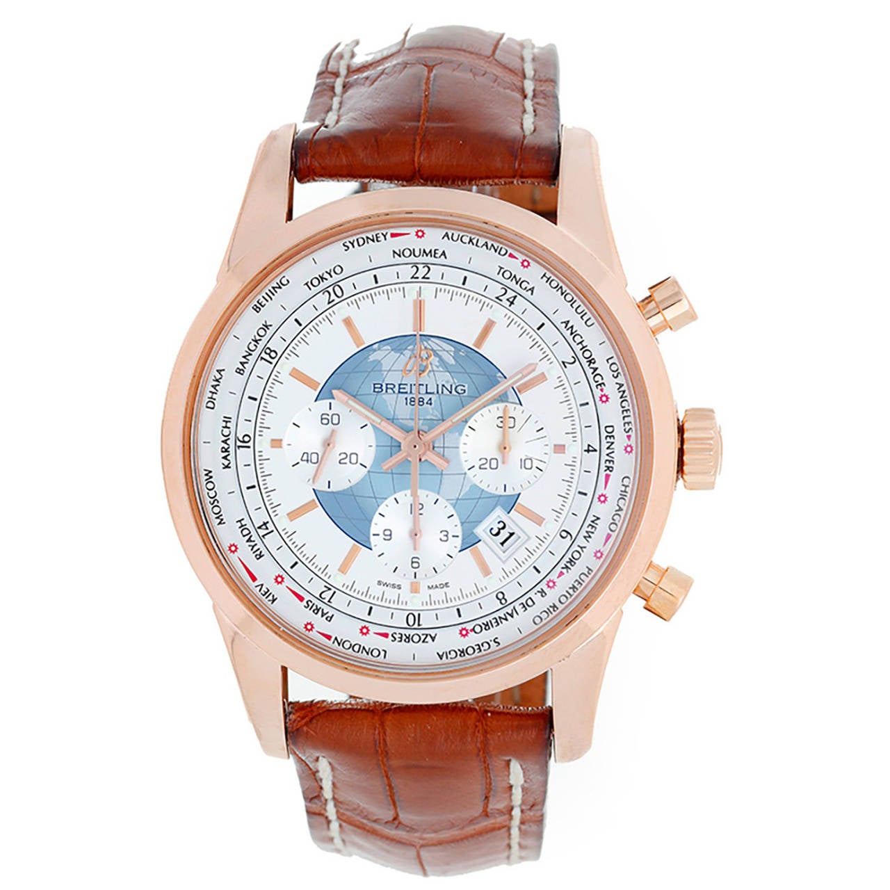 Breitling Rose Gold Transocean Chronograph Unitime World Time Watch