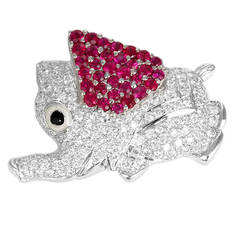 Adorable White Gold Diamond and Synthetic Ruby Elephant Pin