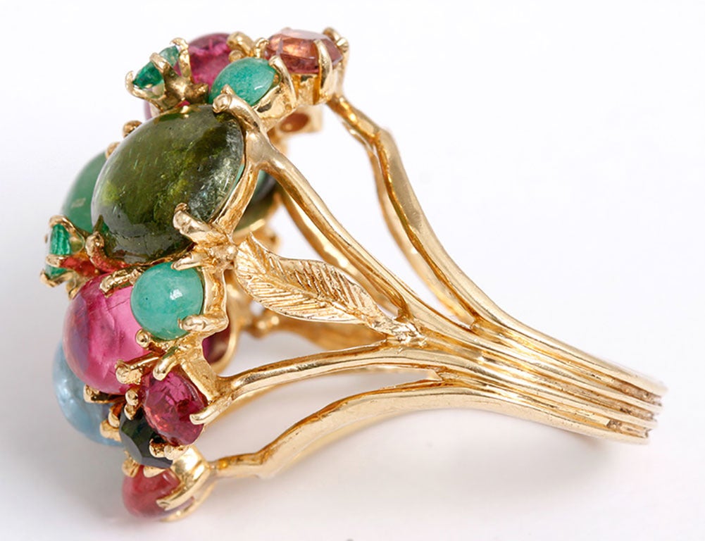 This beautiful multi-colored gemstone and pearl 14kt yellow gold ring is from  the family estate of the glamorous Gabor sisters,  Zsa Zsa, Eva, and Magda, often referred to as, “America’s Sweethearts, and their mother Jolie Gabor. This amazing Tuti
