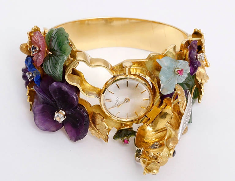 Carved Bee and Flower Yellow Gold, Hardstone and Simulated Gemstone Bangle Watch