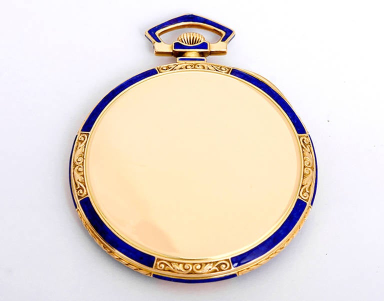 Manual winding. 18k yellow gold open face case with lapis lazuli accents on the bezel, case back and bale (45mm diameter). Gilt dial with black Breguet numerals; subsidiary seconds. This is a beautiful rare and highly unusual pocket watch. Circa