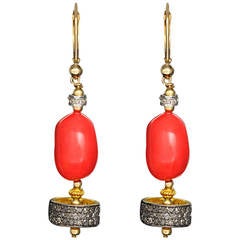 Beautiful Coral Black Diamond Gold Dangle Earrings