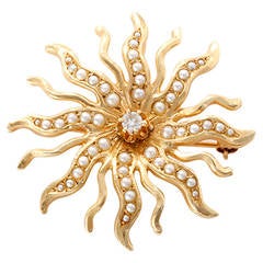 Seed Pearl Diamond Yellow Gold Sunburst Brooch