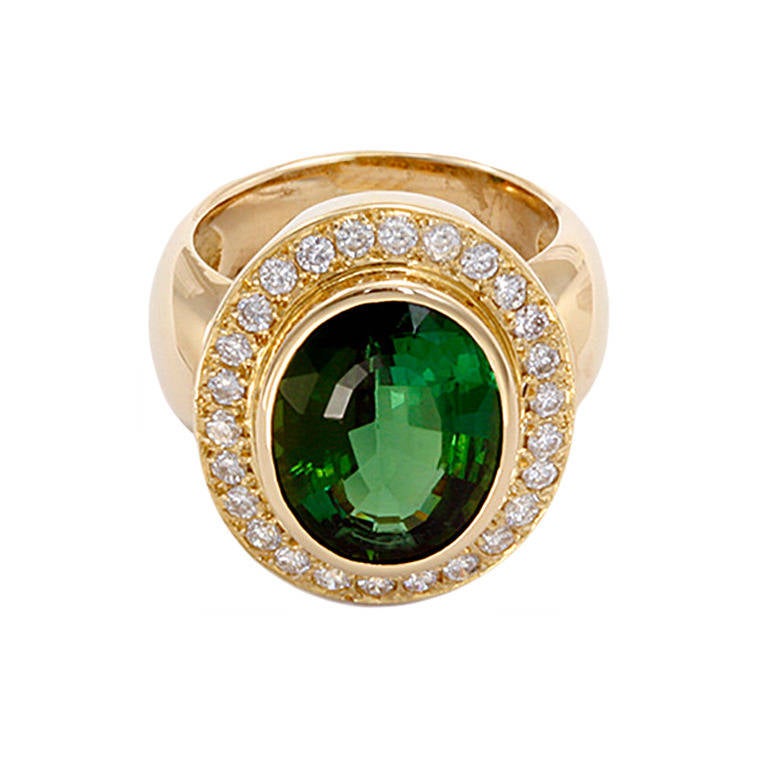 Stunning Green Tourmaline Diamond Gold Ring