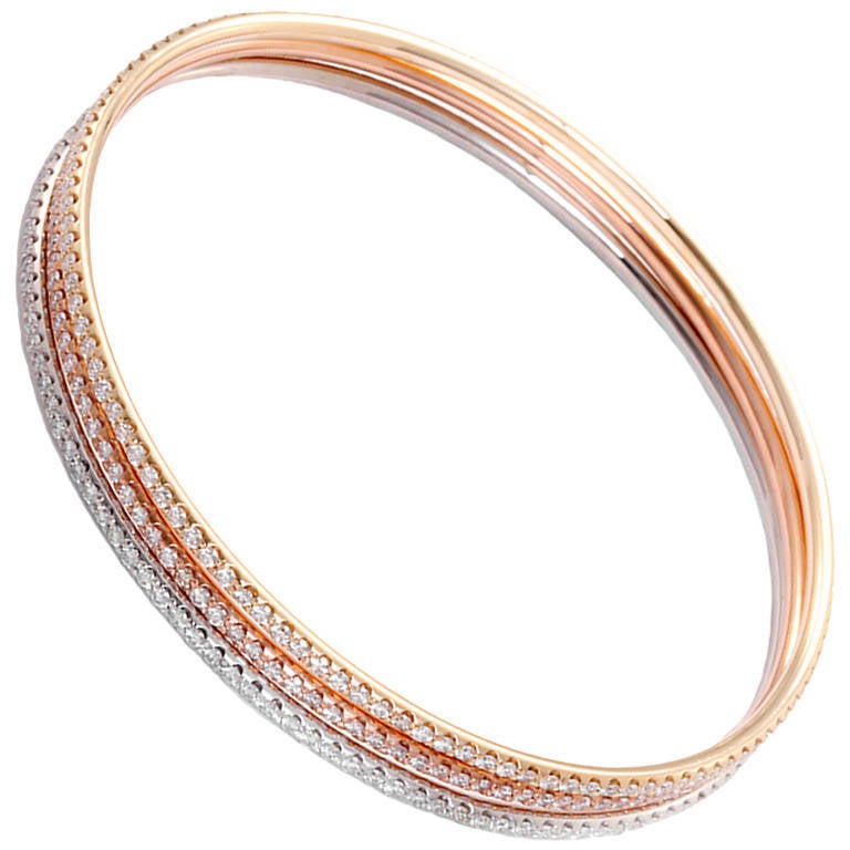 Beautiful Tricolor Diamond Gold Bangle Bracelet Set For Sale at 1stDibs