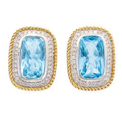 Beautiful Blue Topaz Diamond Yellow and White Gold Earrings