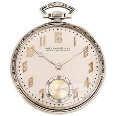 Patek Philippe White Gold Art Deco Pocket Watch with Enamel Pattern Bezel