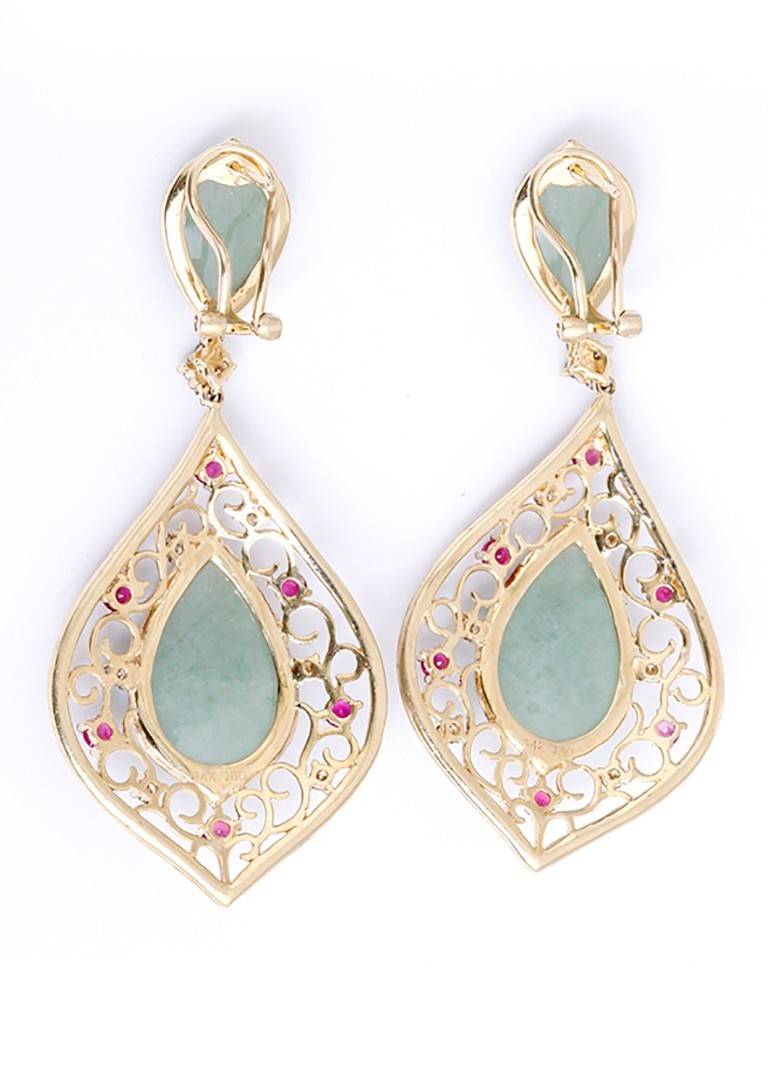 These 14k gold bohemian inspired earrings feature 2 green faceted sliced sapphires, pink sapphires, and 1.05 carats of diamonds. The earring drop measures apx. 1-3/4 inches in length and 1-1/8 inches in width at the widest. Total weight is 16.7