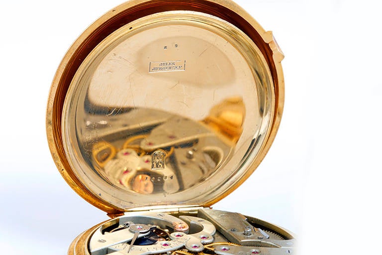 Jules Jurgensen Yellow Gold Two-Train Chronograph Hunting Case Pocket Watch In Good Condition In Dallas, TX