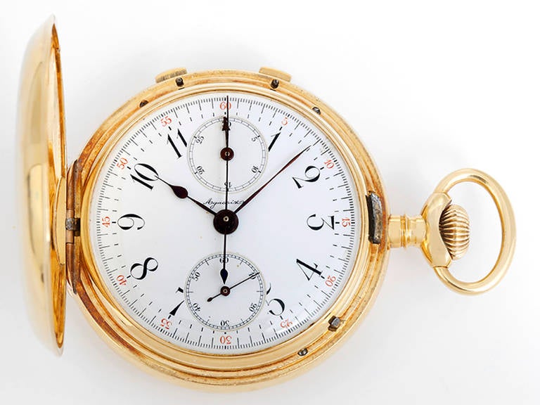 Agassiz Yellow Gold Split-Second Chronograph Hunting Case Pocket Watch In Good Condition In Dallas, TX