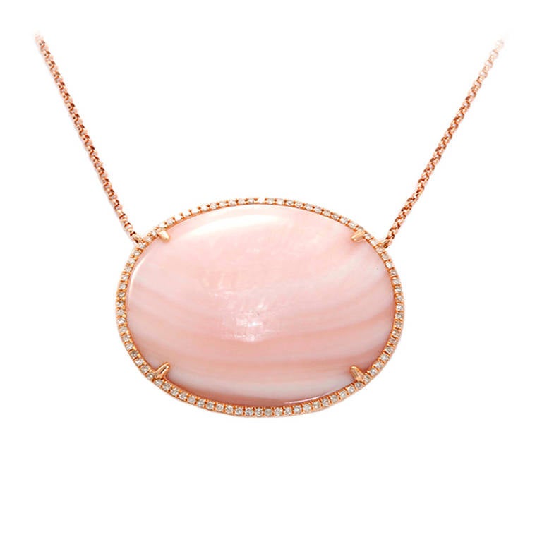 Beautiful Pink Mother of Pearl Diamond Rose Gold Pendant Necklace For Sale at 1stdibs