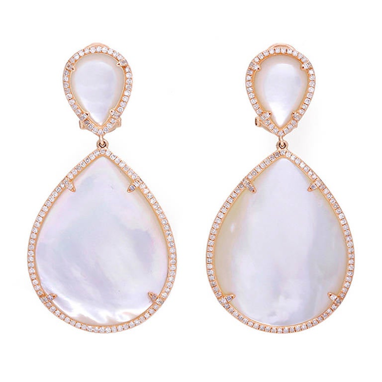 Stunning Rose Gold Mother of Pearl Diamond Large Dangle Earrings