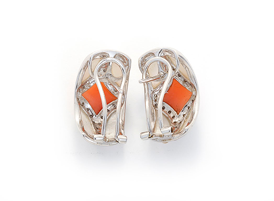 Angel Skin Coral Mother-of-Pearl Diamond White Gold Huggie Earrings