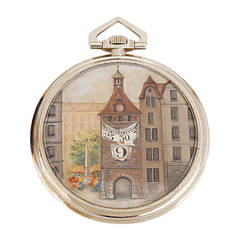 Vintage Jules Jurgensen White Gold Digital Pocket Watch with Town Scene on Dial