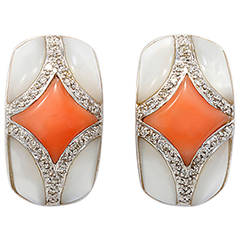 Angel Skin Coral Mother-of-Pearl Diamond White Gold Huggie Earrings