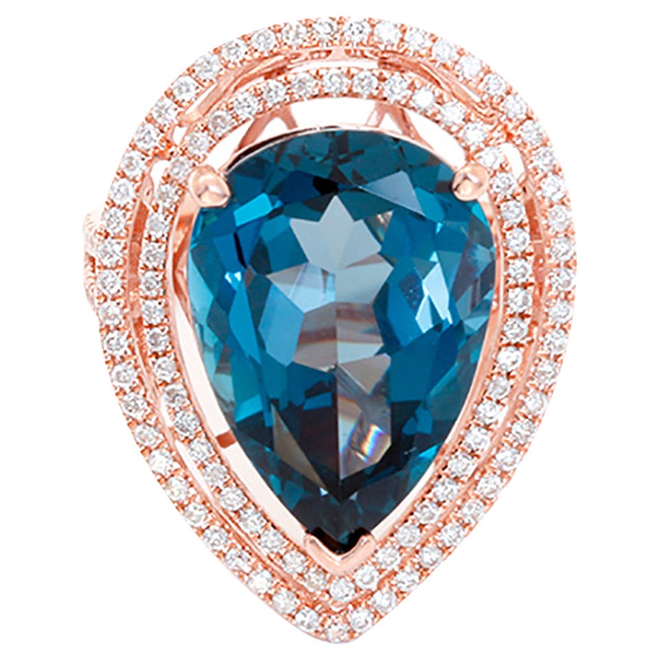 Amazing Blue Topaz Diamond Rose Gold Cocktail Ring For Sale