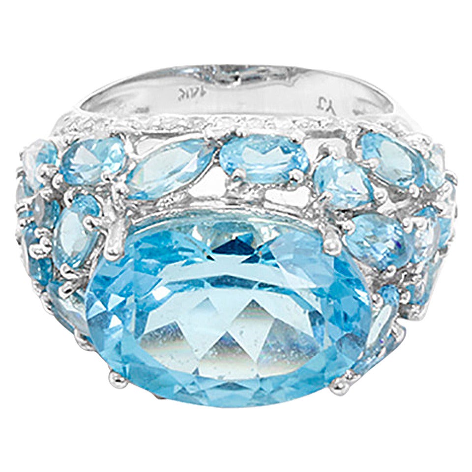 Stunning Blue Topaz Diamond White Gold Ring