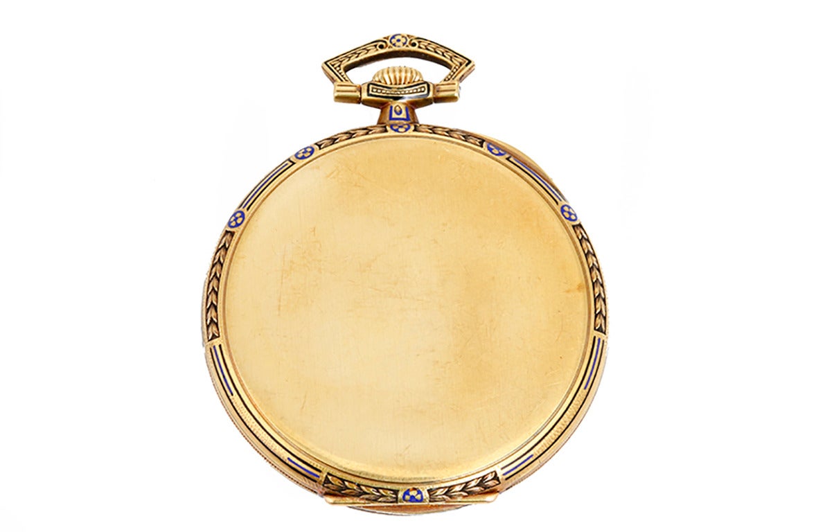 Manual-wind movement. 18k yellow gold case with black enamel design to the bezel, 45mm diameter. Silvered dial with gold Breguet numerals, subsidiary seconds at 6 o'clock. Circa 1925. Case, dial and movement signed Patek Philippe.
