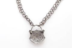 Blue Sapphire Diamond Oxidized Sterling Silver Padlock Necklace