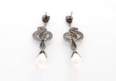 Baroque Pearl Diamond Oxidized Sterling Silver Snake Dangle Earrings