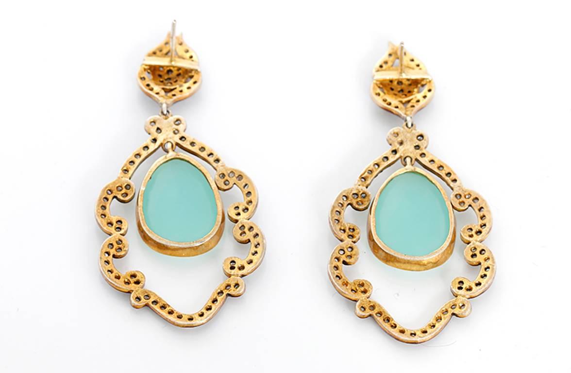 These amazing earrings feature chrysoprase and single-cut diamonds weighing a total of apx. 1.75 carats, set in 10k gold vermeil. Earrings measure apx.2-7/8 inches x 1-3/8 inches. Total weight is 24.5 grams.