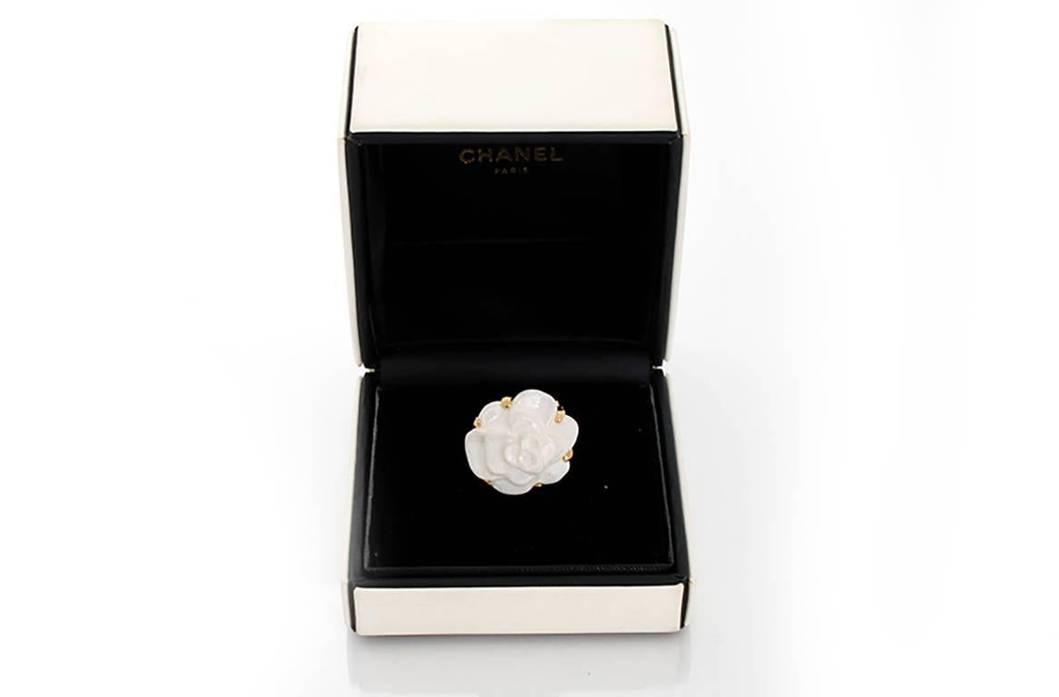 Chanel The Camelia Collection White Agate and Yellow Gold Ring Sz. 5-3/4 In Excellent Condition In Dallas, TX