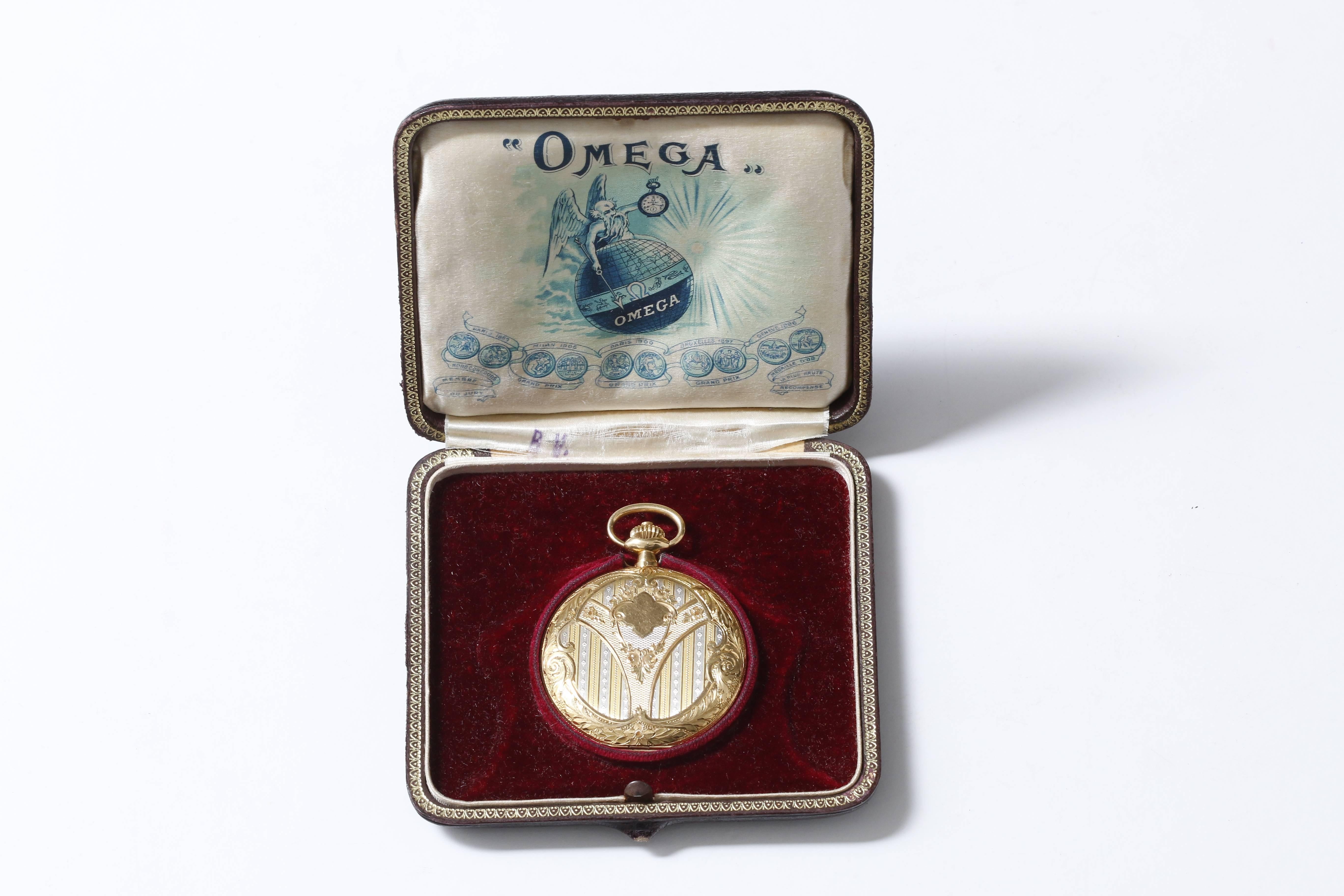 Omega Engraved Yellow Gold Pocket Watch in Original Box 1