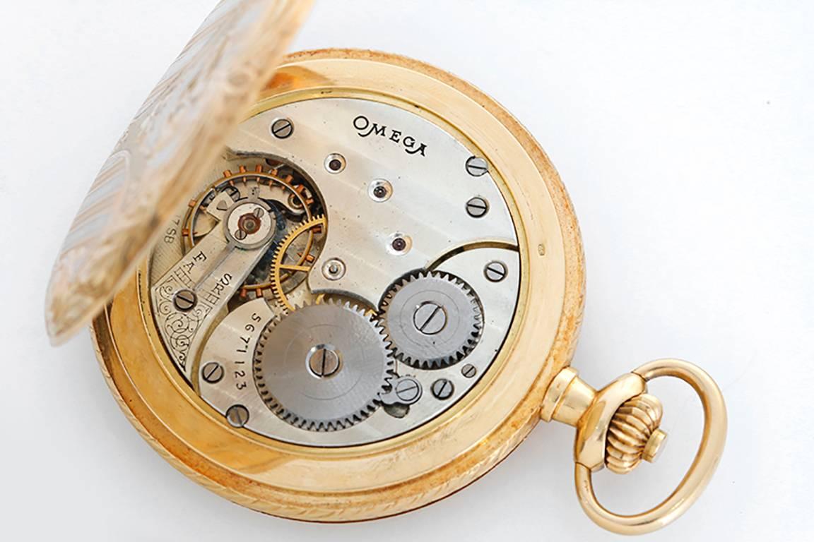 Women's Omega Engraved Yellow Gold Pocket Watch in Original Box
