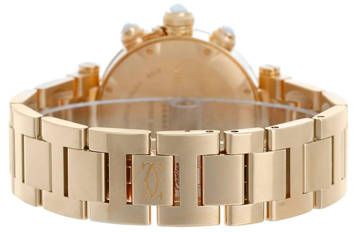Quartz movement. 18k yellow gold case with diamond bezel (37mm diameter). Mother of pearl dial with Arabic numerals; date between 4 & 5 o'clock; hour, minute and seconds recorders. 18k yellow gold bracelet. Ref WJ130007. Unused with box and papers.