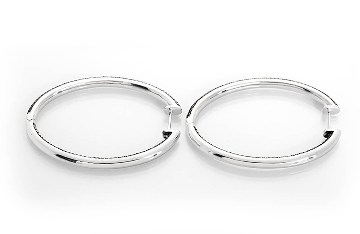 These amazing oval hoop earrings feature black diamonds (4.25 ctw.) set in 14k white gold. Earrings are large ; measures 2inches x 1-7/16 inches. Total weight is 19.0 grams. These sparkling hoops are great for everyday as well as dress!