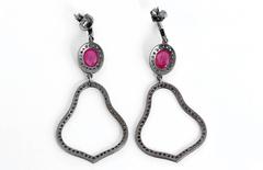 Amazing Ruby Diamond Oxidized Sterling Silver Dangle Earrings