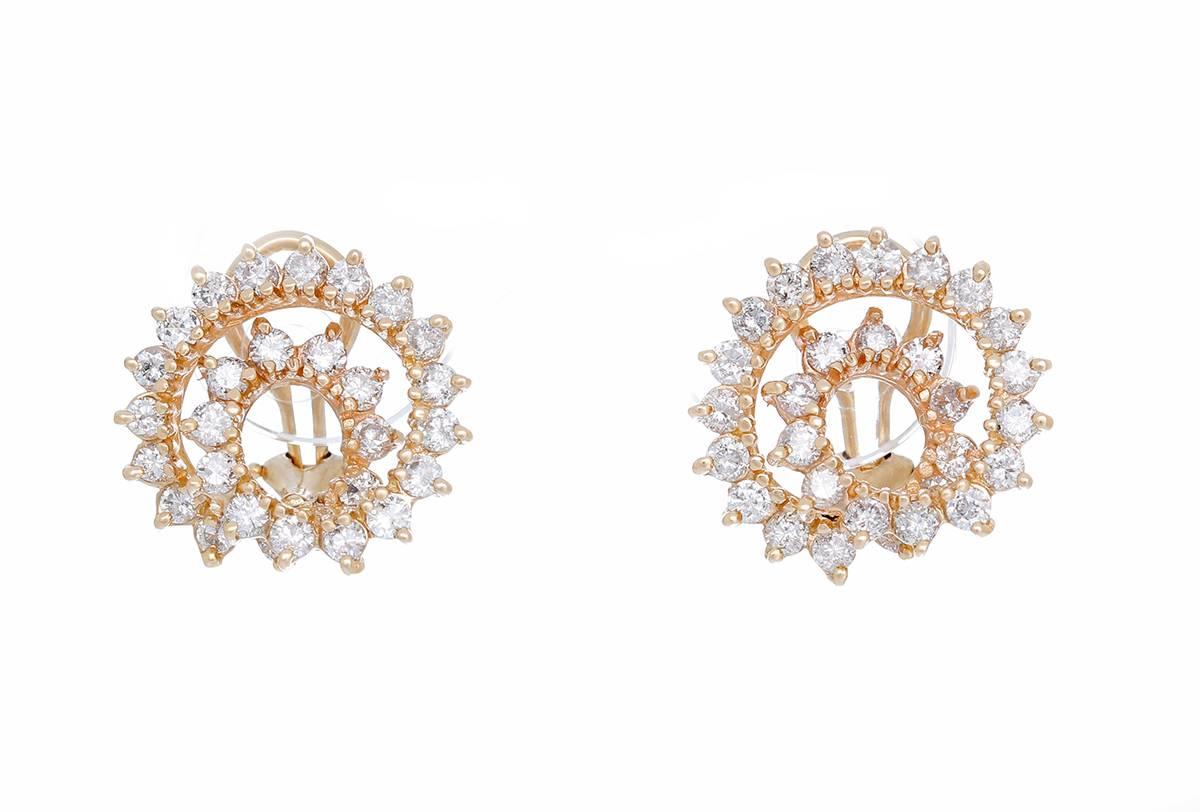 These earrings feature apx. 2.80 cts of full-cut diamonds (I-clarity and J-K-L color ) set in 14k yellow gold with posts and omega clip backs. Earrings measure apx. 11/16-inches x 1/2-inch. Total weight is 9.90 grams.