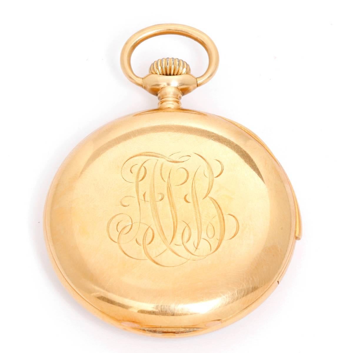 Tiffany & Co Minute Repeater Gold Pocket Watch -  Manual winding; 30 jewels. 18K yellow gold hinged back with monogram script  ( 47 mm ). White enamel, Roman numerals, sub dial at 6:00 o clock. Pre-owned with Tiffany box.