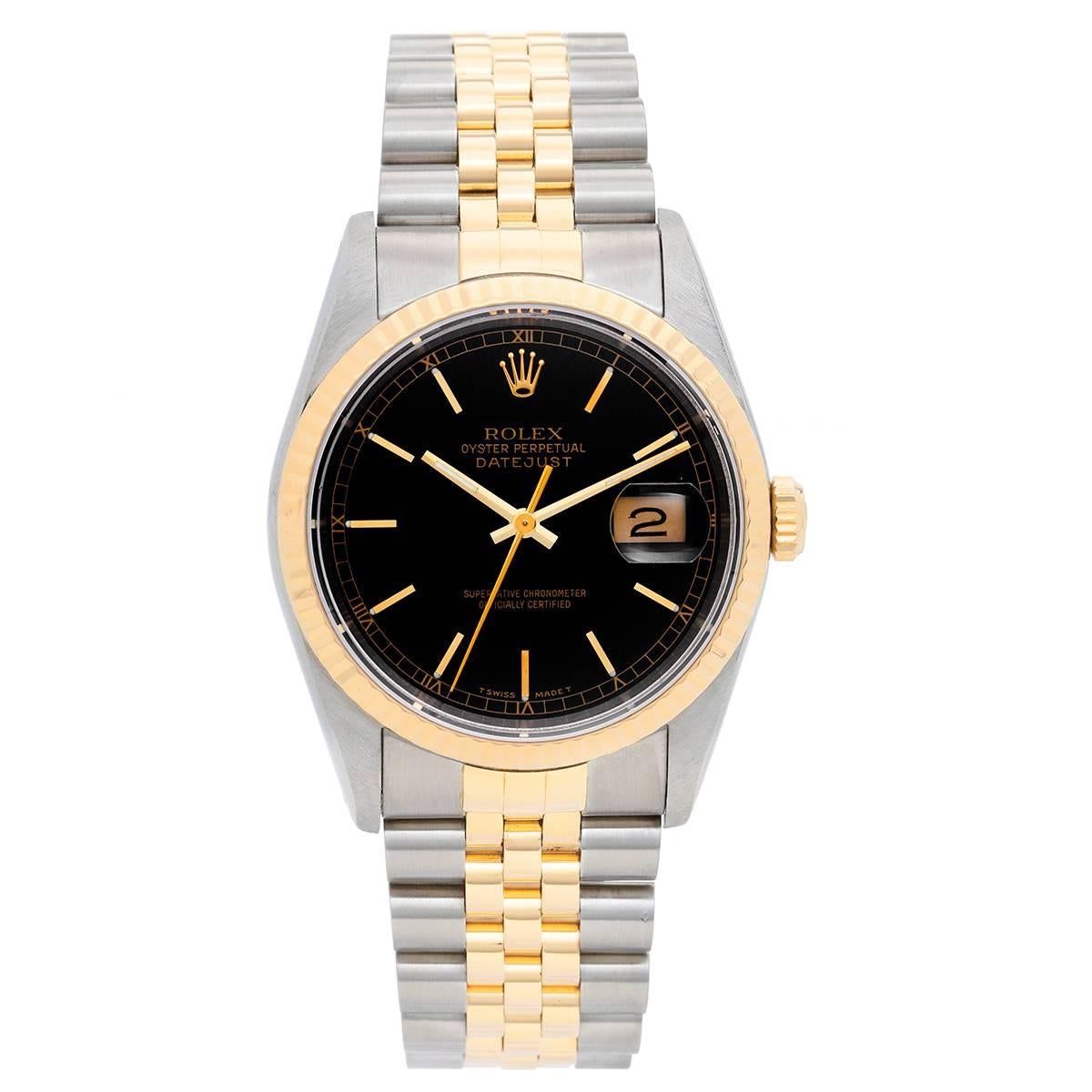Rolex Yellow Gold Stainless Steel Datejust Black Dial Automatic Wristwatch