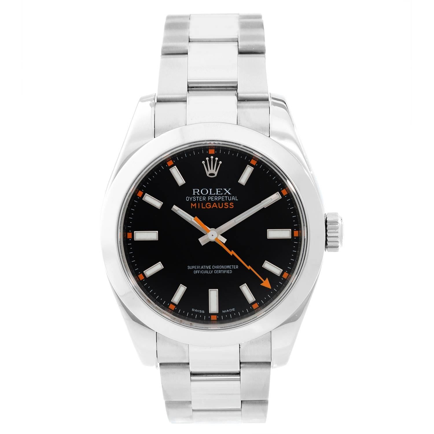 Rolex  Milgauss  Model 116400 -  Automatic winding, sapphire crystal, 31 jewels. Stainless steel case with smooth bezel (40mm diameter). Black dial with luminous markers. Stainless steel Oyster bracelet with flip-lock clasp. Pre-owned with Rolex box.