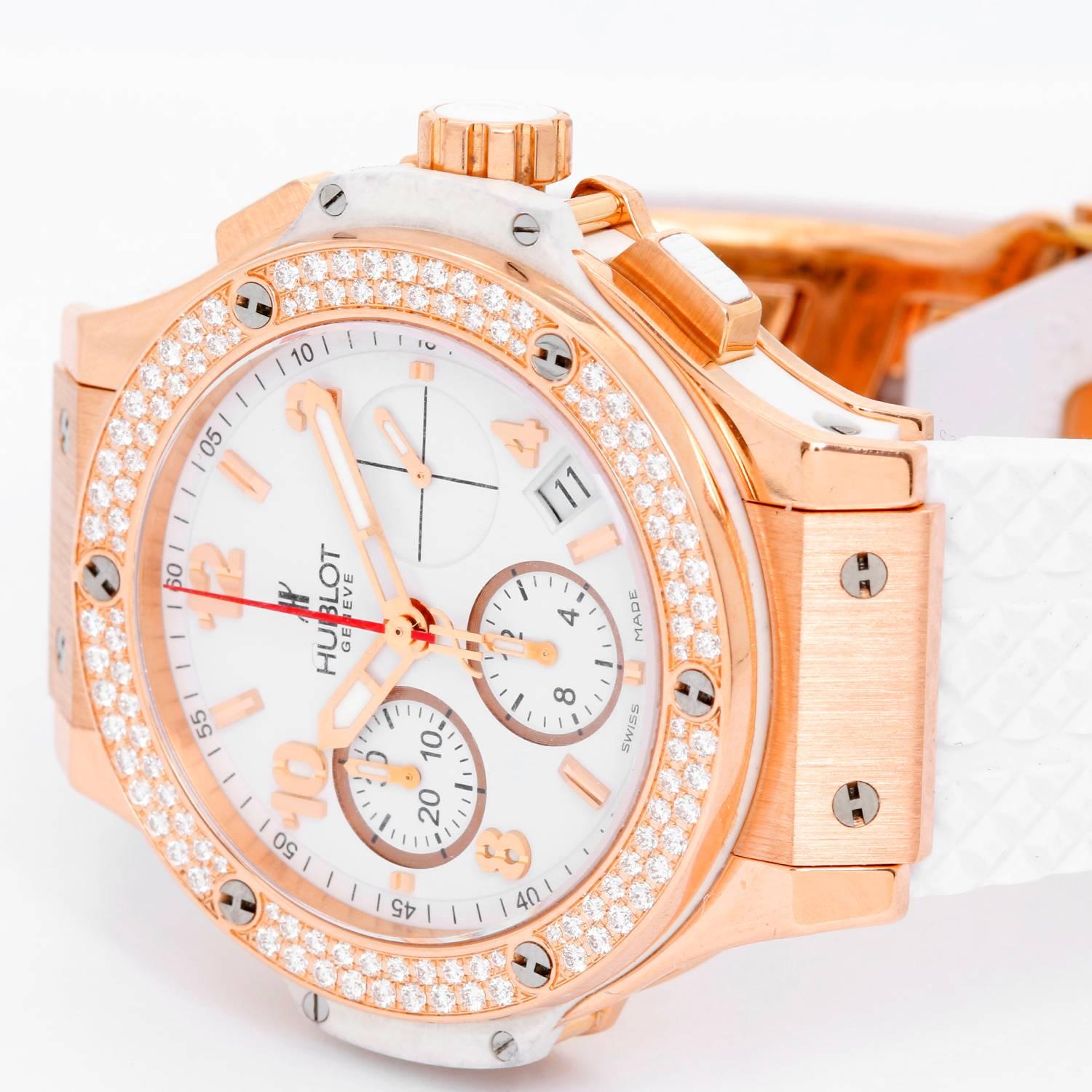Hublot Big Bang Portocervo 18k Rose Gold Unisex Watch 341.PE.230.RW.114 -  Automatic winding chronograph. 18k rose gold case with 114 Diamond bezel (41mm). White dial with rose gold Arabic numerals and stick markers; hour, minute and seconds