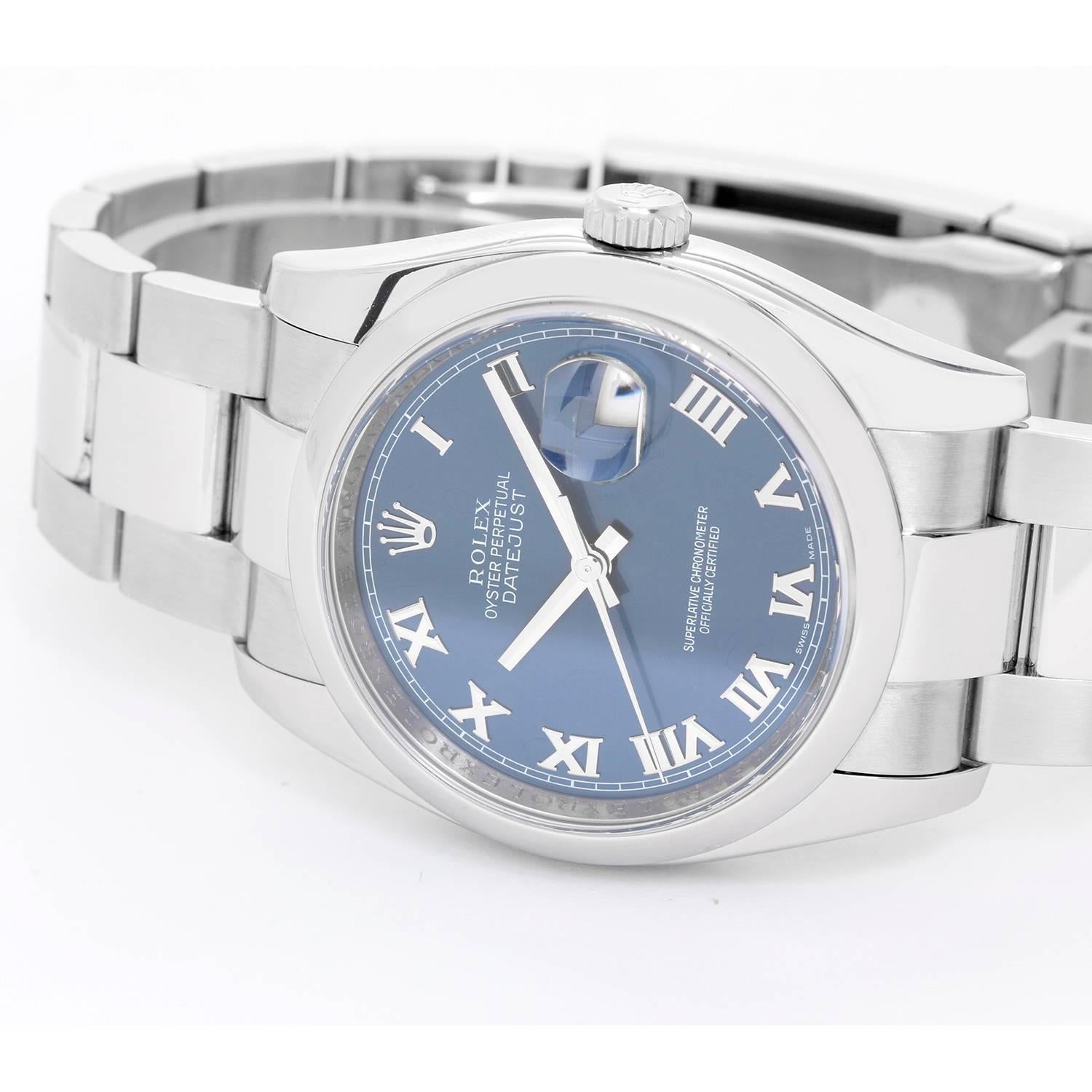 Rolex Datejust Men's Stainless Steel Automatic Winding Watch 116200 -  Automatic winding, 31 jewels, Quickset, sapphire crystal. Stainless steel case with smooth bezel (36mm diameter). Blue dial with Roman numerals. Stainless steel Oyster bracelet.