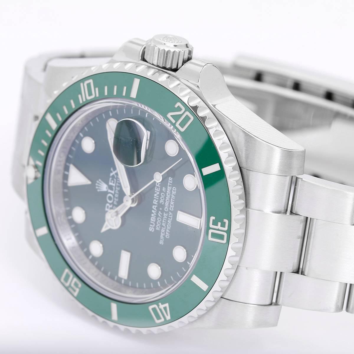 Rolex Submariner Men's Stainless Steel Green Dial Watch 116610LV -  Automatic winding, 31 jewels, pressure proof to 1,000 feet. Stainless steel case with green time-lapse Ceramic Cerachrom bezel (40mm diameter). Green dial with luminous markers;