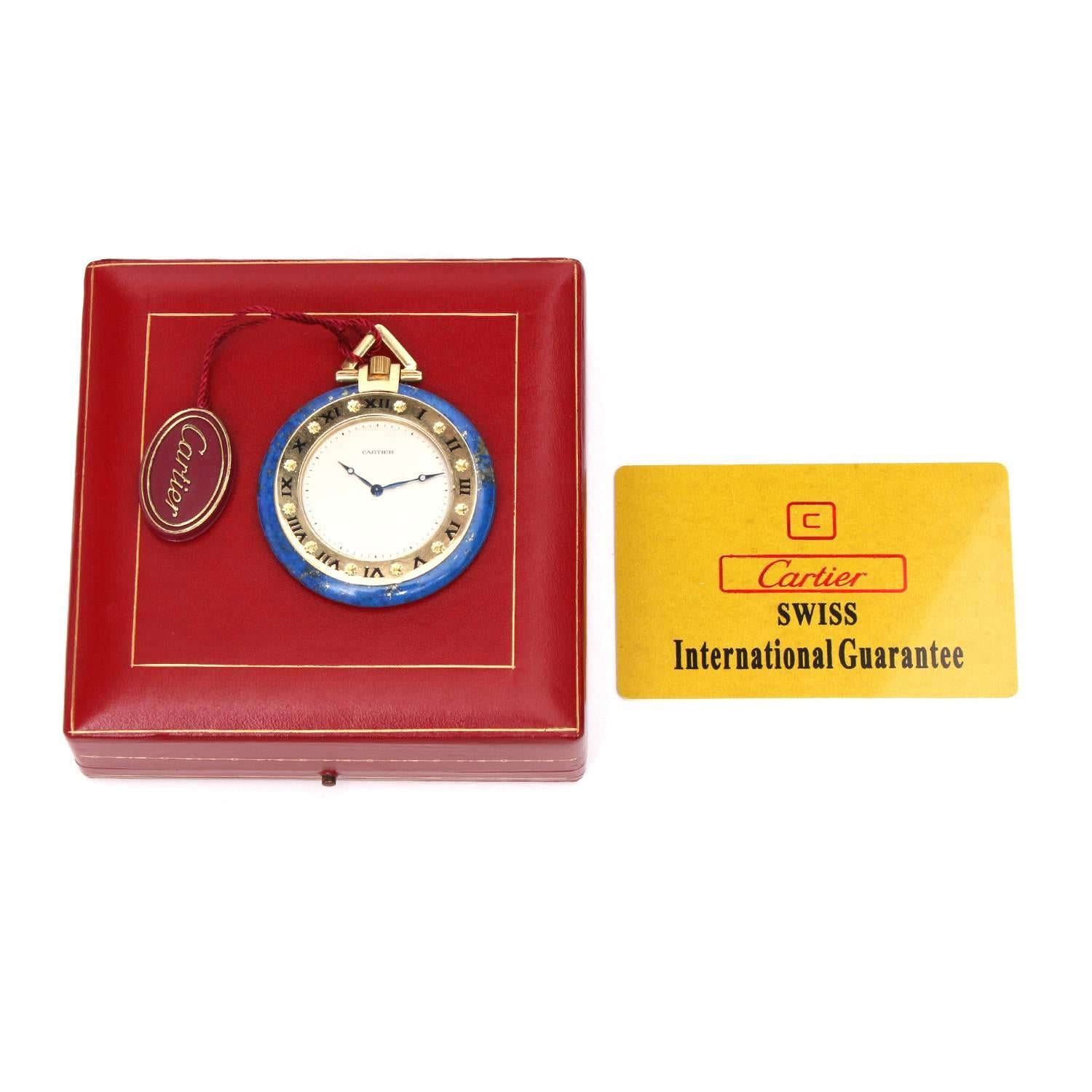 Cartier Yellow Gold Lapis Lazuli Manual Pocket Watch In Excellent Condition In Dallas, TX