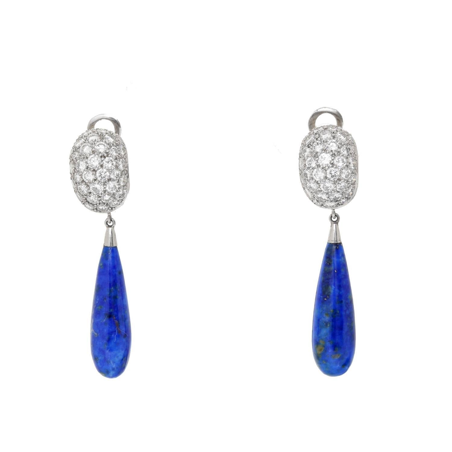 Carvin French Lapis Lazuli Platinum Earrings - . Stunning Carvin French Earrings. Set in platinum with an estimated total diamond weight of 2.35 cts. With a Lapis Lazuli tear drop. Hallmark; Makers Mark. Total length 1 5/8 inch.