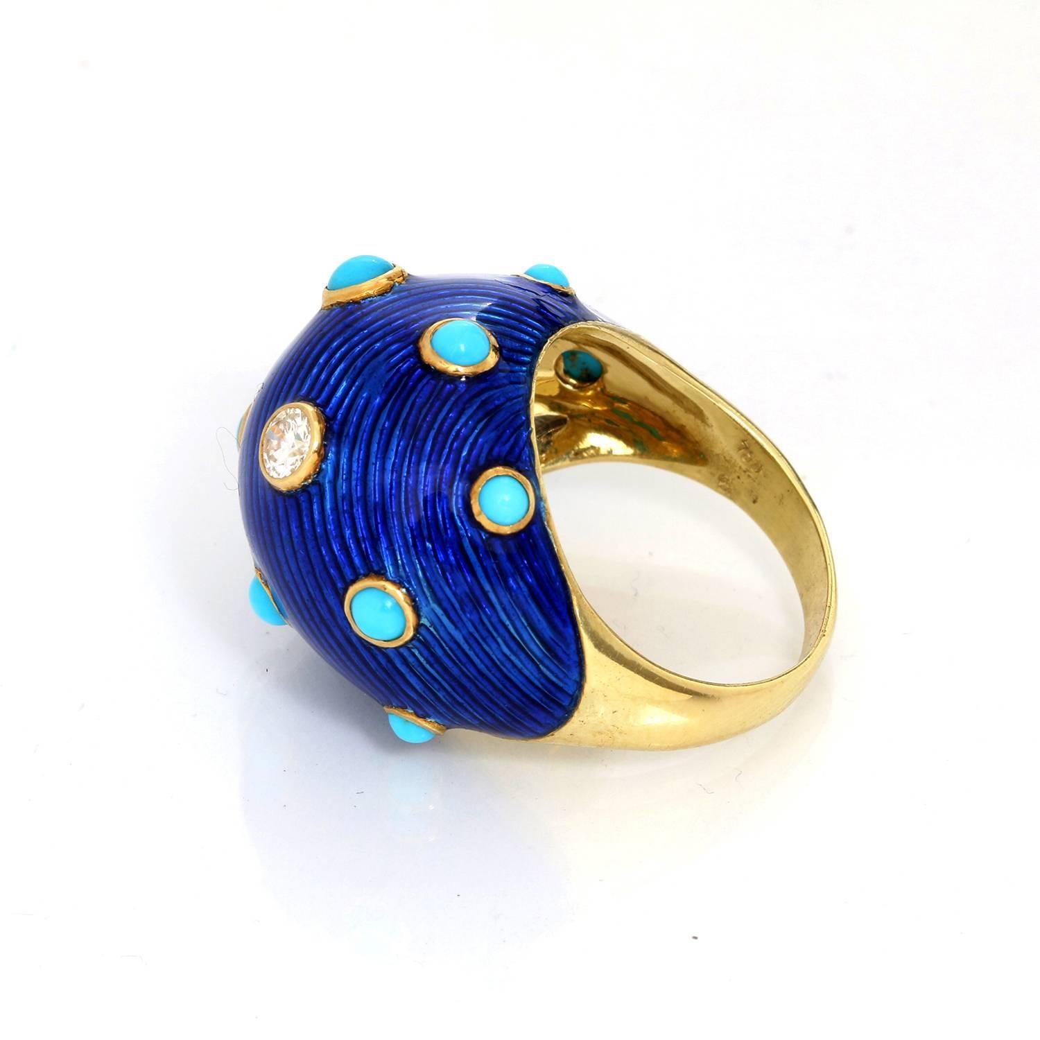 Carvin French Turquoise, Diamond and Enamel Dome Ring In Excellent Condition In Dallas, TX