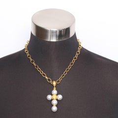 Denise Roberge Cultured Pearl and 22 Karat Yellow Gold Cross Pendant Necklace