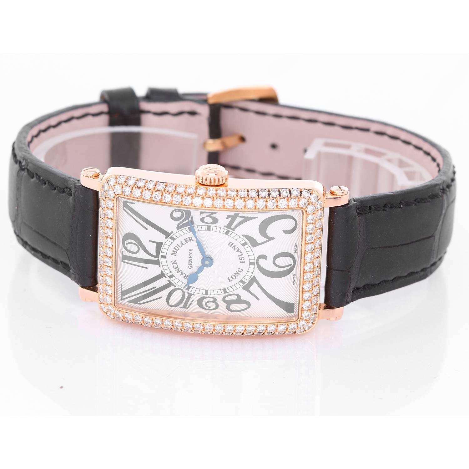 Franck Muller Long Island 18K Rose Gold Watch -  Quartz. 18K Rose gold ( 26 x 44 mm ) with diamond bezel. .72 cts Round brilliant cut. Silvered Guilloche dial. White alligator strap with tang buckle. Pre-owned with Frank Muller box and papers.