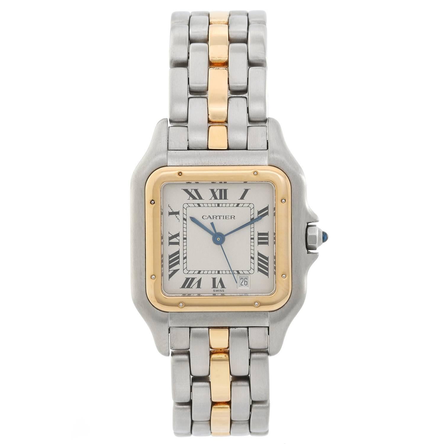 Cartier Panther Ladies 2-Tone Steel & Gold Panthere Watch -  Quartz. Stainless steel case with 18k yellow gold bezel (21mm x 30mm). Ivory colored dial with black Roman numerals. Stainless steel Panthere bracelet with 1-row of 18k yellow gold links.