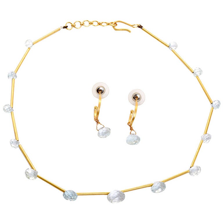 Beautiful Aquamarine Yellow Gold Necklace And Earring Set For Beautiful Aquamarine Yellow Gold Necklace And Earring Set For