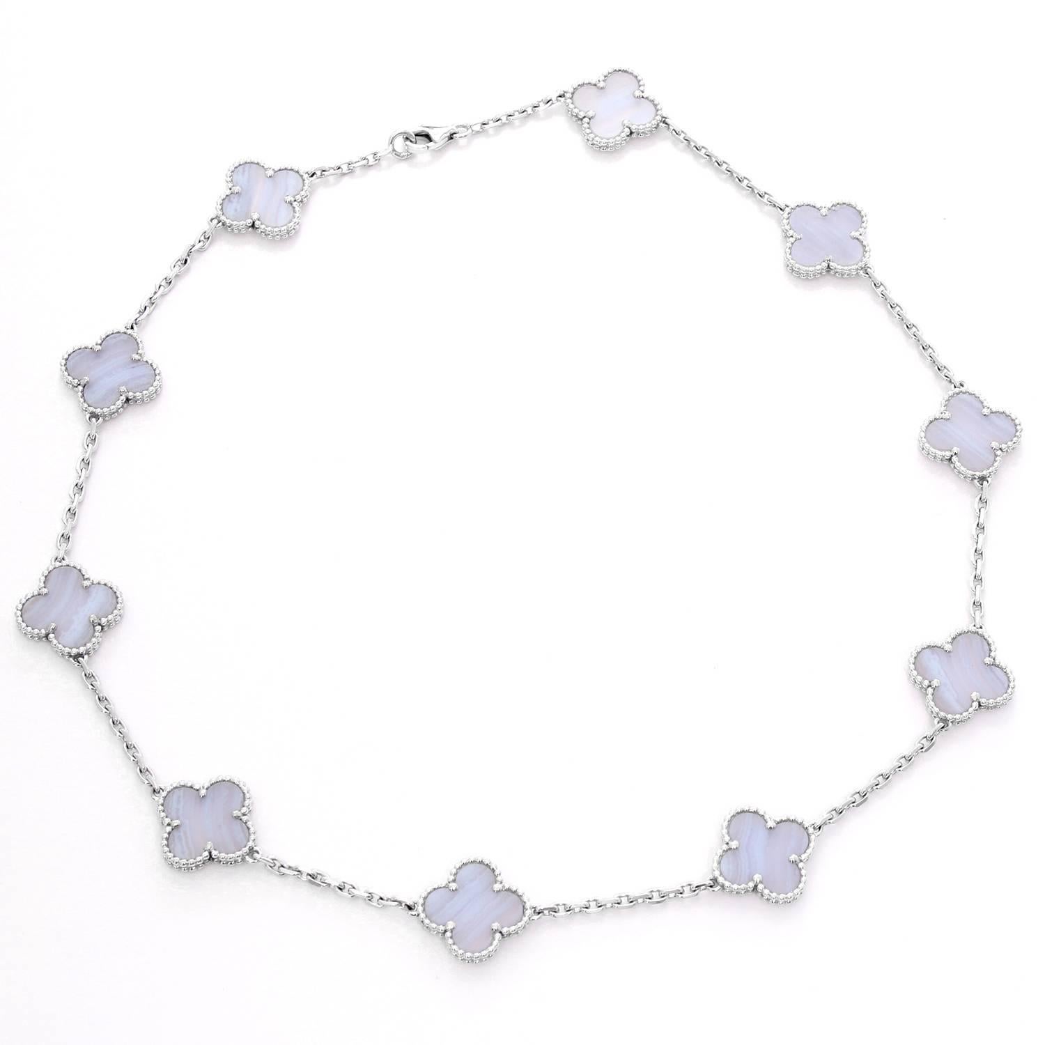 Van Cleef & Arpels Vintage Alhambra 10 Motifs - Beautiful Vintage Alhambra Van Cleef & Arpels Necklace. 10 Motifs set in White gold. Made of Chalcedony. Total weight 22.4 grams. Total length 16 inches . 