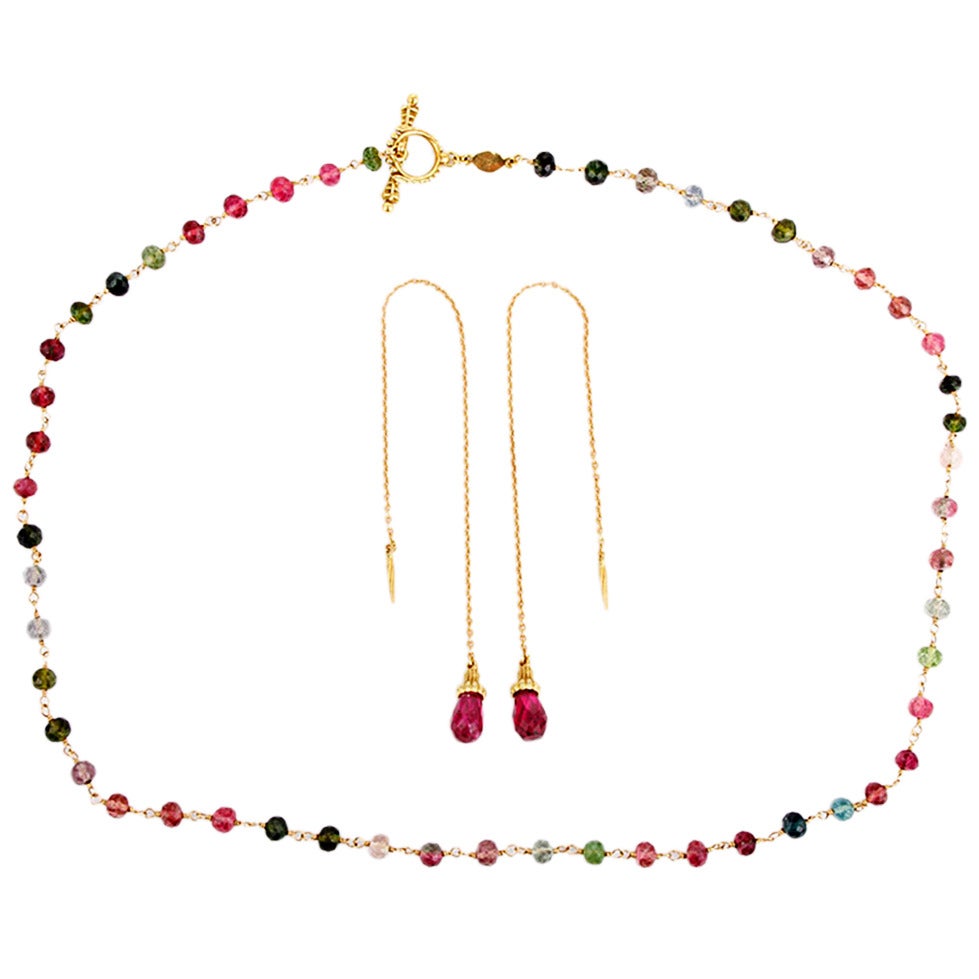 Cynthia Bach Tourmaline Necklace and Ear Pendant Set in Yellow Gold