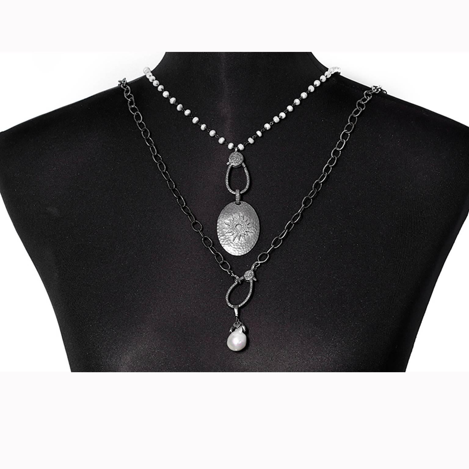 Stunning Sterling Silver, Diamond, Pearl, White Sapphire and Necklace Set - This stunning set features two necklaces that can also be worn individually. The longer necklace features a pearl, diamonds, set in oxidized sterling silver on a 35-inch